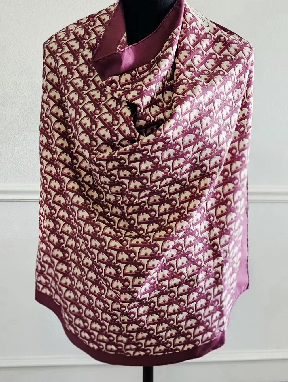 Christian Dior Burgundy & Cream Oblique Monogram Silk Scarf